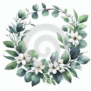 Watercolor floral wreath with jasmine flowers and green leaves isolated on white background
